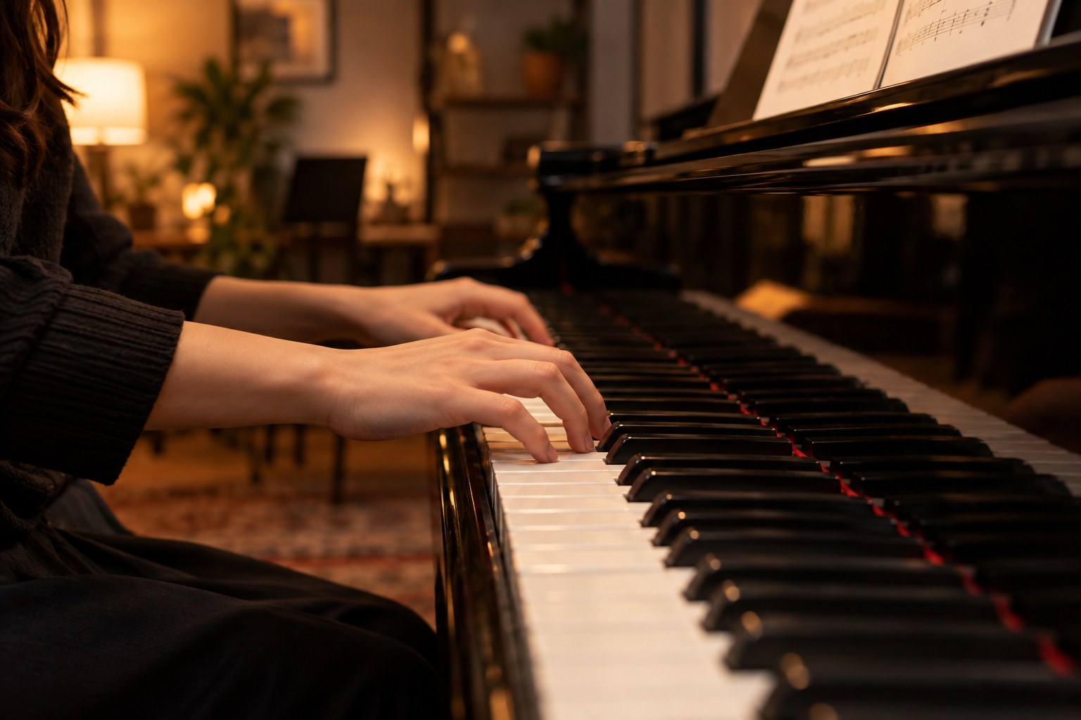 Hands playing a piano